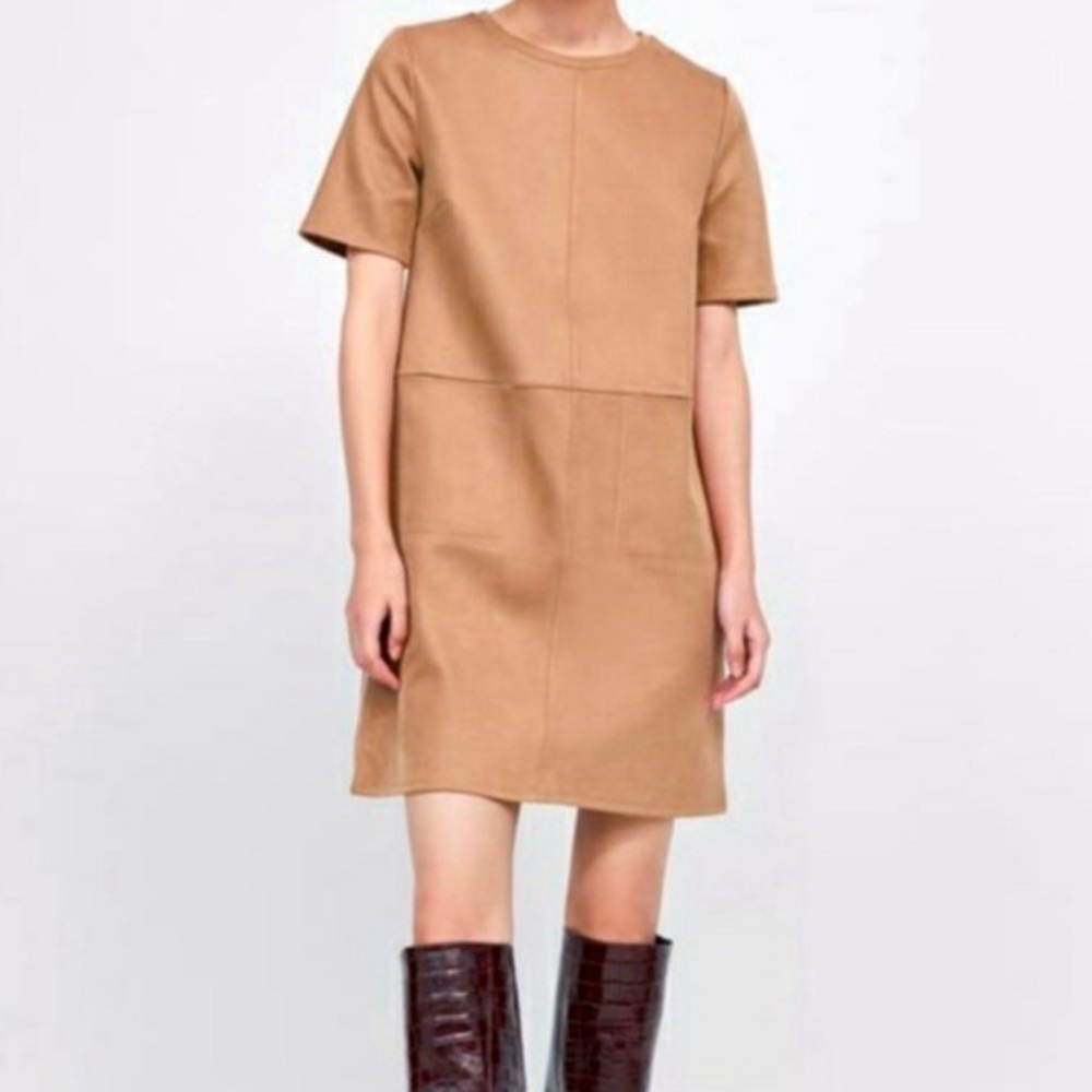 Zara Faux Suede Shift Dress Tan Size Large Pockets